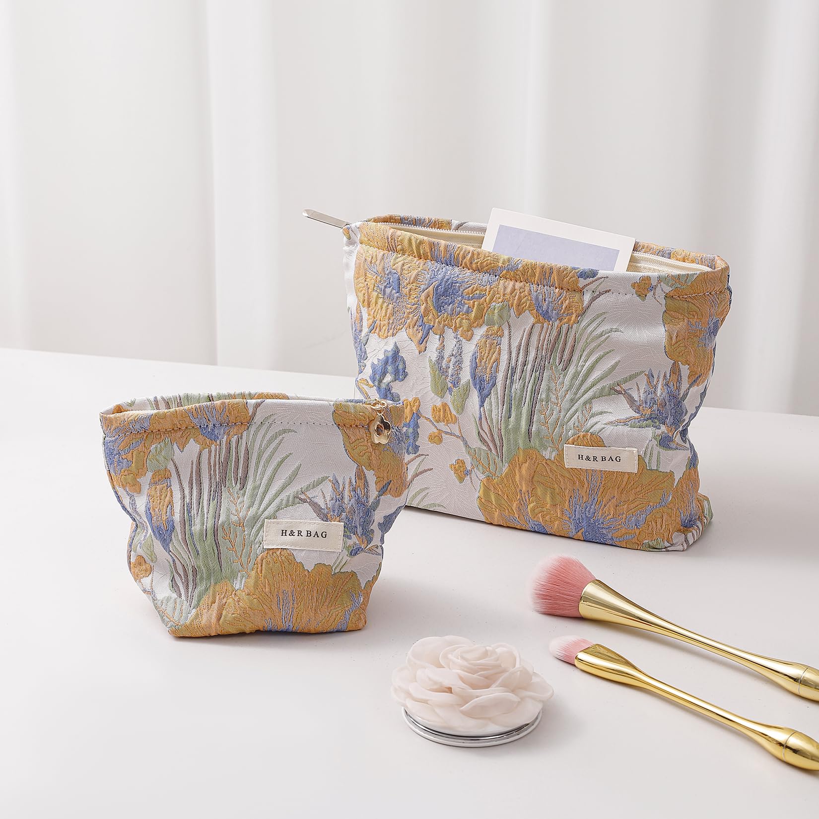 getgto 2 Pcs Makeup Bags, Large Cosmetic Bag Travel Toiletry Bag Organizer for Women, Embroidery Craft, Floral Makeup Bag Small Cosmetic Pouch Purse with Zipper Gifts for Girls Teen