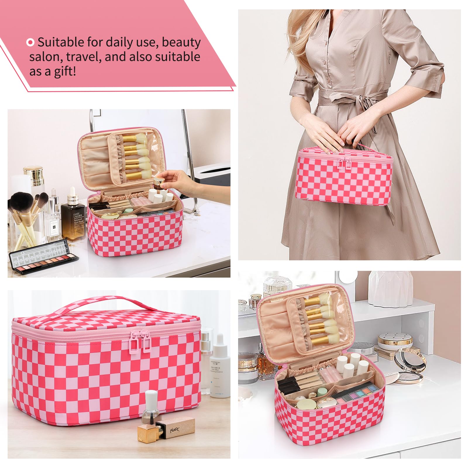 OCHEAL Makeup Bag Portable Cosmetic Bag For Women, Large Capacity Travel Makeup Case Organizer, Toiletry Bag for Girls Traveling With Handle and Divider-Pink