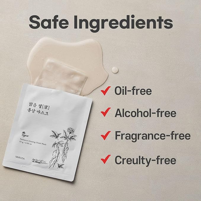 varuza Radiance Ginseng Sheet Masks - Hydrating Face Masks for Healthy and Strengthening Skin Barrier - Vegan, Cruelty Free Korean Face Mask