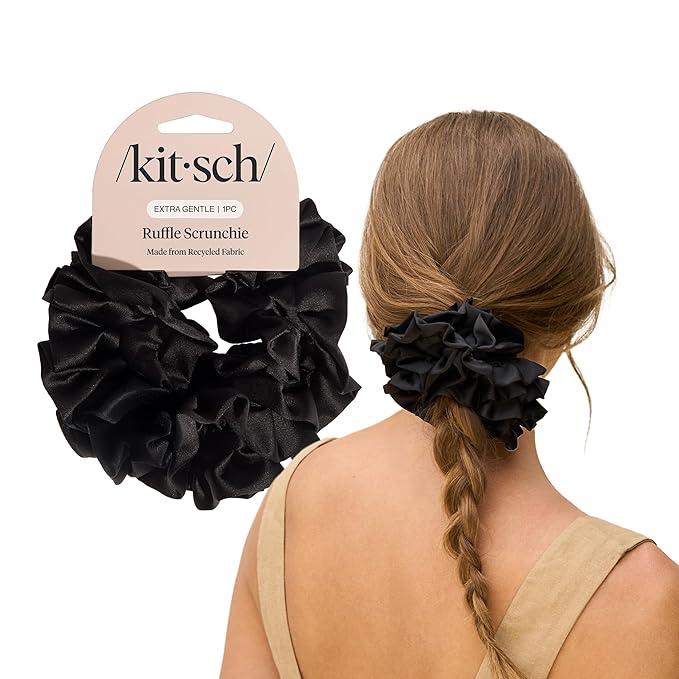 Kitsch Recycled Satin Ruffle Scrunchie – Gentle Hair Scrunchie for Women, Eco-Friendly Hair Tie No Damage, Stylish Ponytail Holder - Black