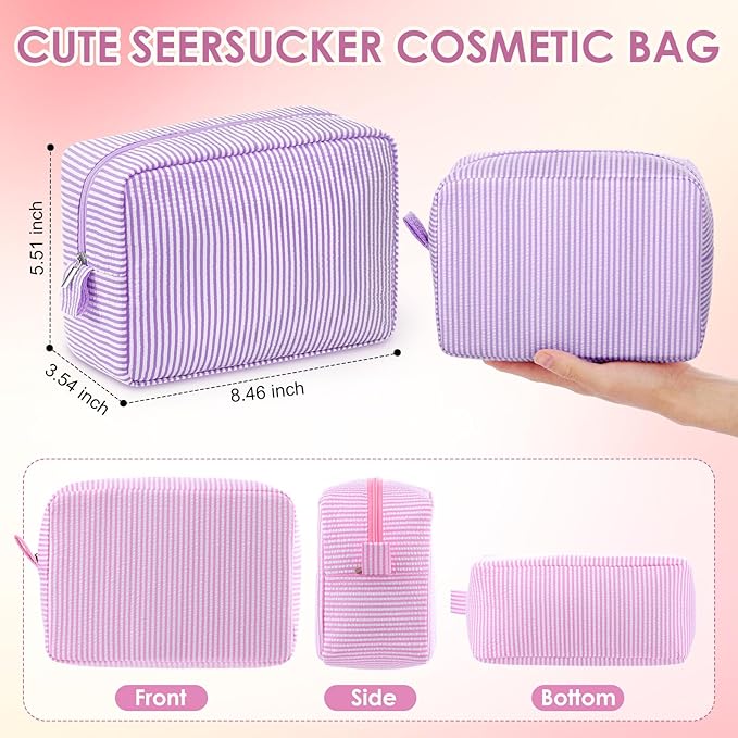 Sanwuta 6 Seersucker Cosmetic Bag Bulk Striped Makeup Bag for Women Aesthetic Cute Travel Toiletry Organizer Preppy Storage Pouch for Wedding Bridesmaid Mother's Day Teacher Gift (Large,Macaron Color)