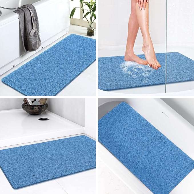 LuxStep Shower Mat Bathtub Mat,32x16 inch, Non-Slip Bath Mat with Drain, Quick Drying PVC Loofah Bathmat for Tub,Shower,Bathroom,Lake Blue