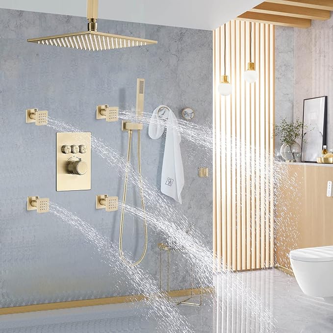 Brushed Gold Square Shower Body Spray Jets with Flow Control and Swivel - Solid Brass Adjustable Water Massage Jets, Wall-Mounted Concealed