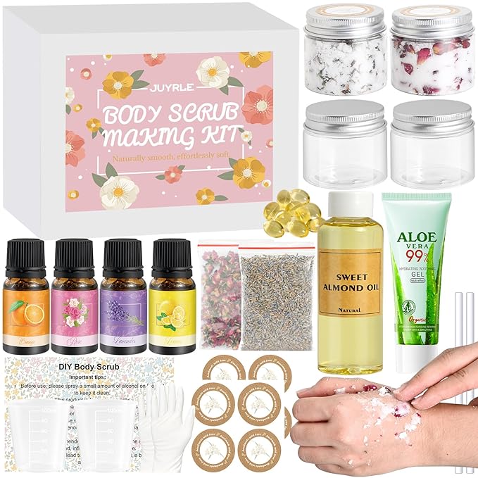 Body Scrub Making Kit- Make Your Own Salt Body Scrub with Almond Oil, Essential Oils, Moisturizing and Exfoliating Dry Skin Hand Foot DIY Organic Body Scrubs Christmas Gifts For Women & Men