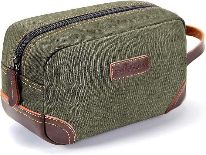 emissary Men's Canvas Travel Toiletry Bag, Leather Dopp Kit - Dark Green