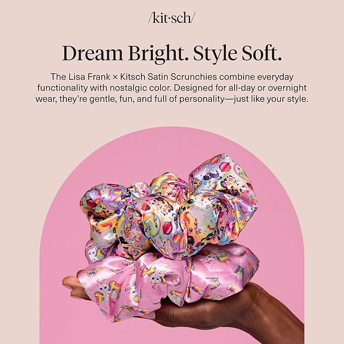 Lisa Frank x Kitsch Pillow Satin Scrunchies for Women - Hair Ties No Damage, No Crease Hair Accessories | For Day or Night Use - 2pcs