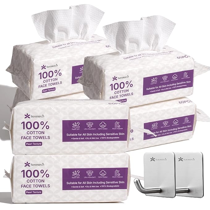 100% Cotton Disposable Face Towels 360 Count, Soft Cotton Tissue for Sensitive Skin, Makeup Remover Dry Wipes, Lint Free Facial Cleansing Cloths for Baby & Adult, Hanging Bag