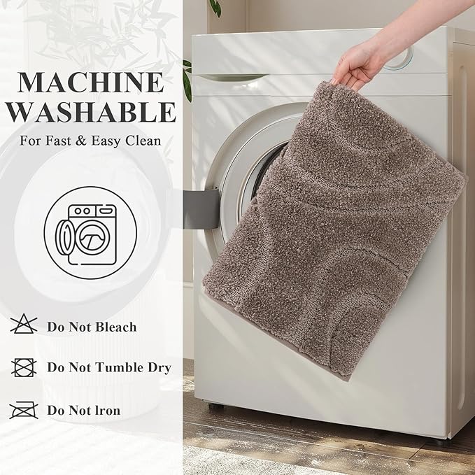 HEBE Bathroom Rugs Sets 5 Piece, Soft Absorbent Microfiber Bath Mat for Bathroom, Non Slip Washable Bath Rug Set with Toilet Cover, Bath Runner and U-Shaped Contour Toilet Rug, Coffee