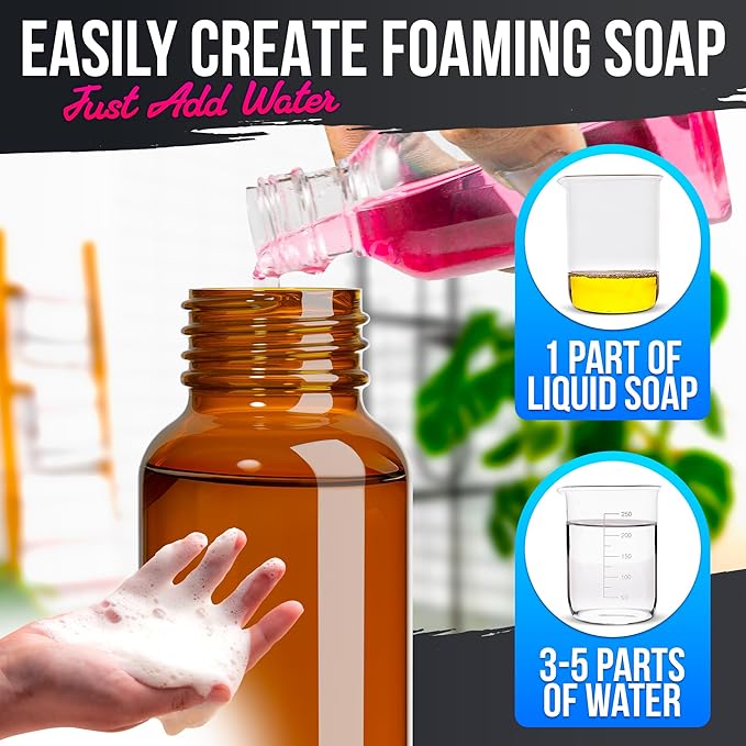 2 Pcs Amber Glass Foaming Soap Dispenser - 8.5 Oz Refillable Glass Foaming Hand Soap Dispenser, Non-Slip Bottom, 6 Moisture-Resistant Labels - Elegant Pump Bottles for Bathroom & Kitchen Counter Decor