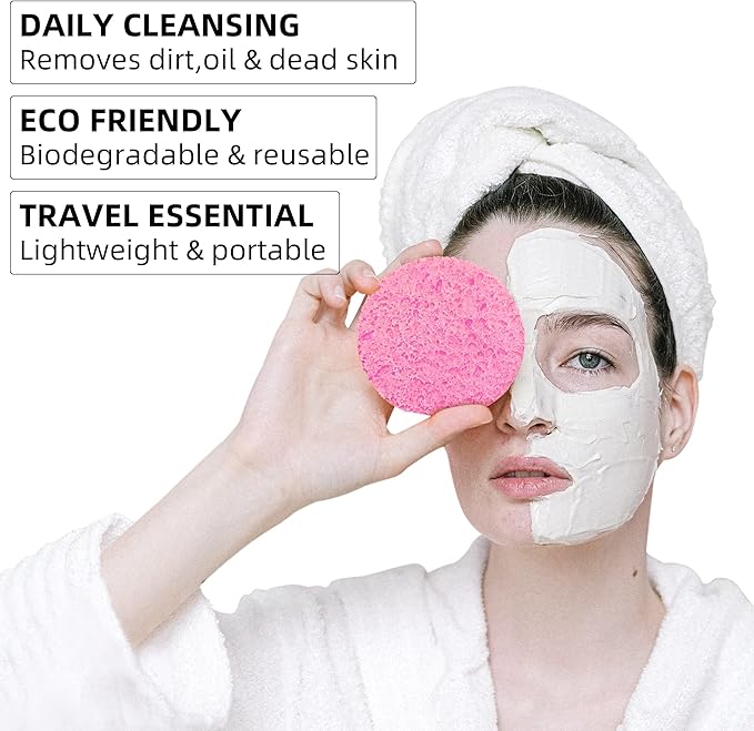 60-Count Compressed Facial Sponges|100% Natural Kickleen Cellulose Cosmetic Spa Sponges for Daily Facial Cleansing|Makeup and Mask Removal | Exfoliating | Skin Massage | Pore Exfoliation(Pink)