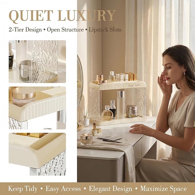 Bathroom Countertop Organizer, 2 Tier Makeup Storage Counter Shelf, Perfume Stand Vanity Holder Skincare Cosmetic Lipstick Dresser Office Tray for Bedroom Living Room Dressing Table, Acrylic