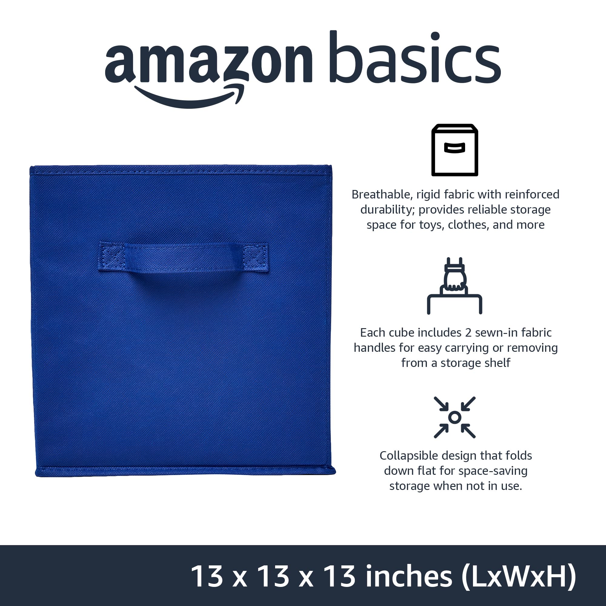 Amazon Basics Collapsible Fabric Storage Bins, Cube Organizer with Handles, 13"x13"x13", Navy, 6-Pack