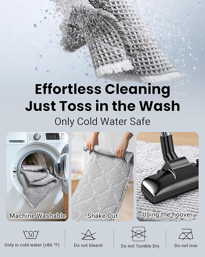 Furicher Waffle Bath Mat Set, Non Slip Bathroom Rugs Sets 2 Piece, Ultra Absorbent Long Bath Rug Runner for Bathroom Decor, Machine Washable Boho Mats, Grey & White, 20"×47" Plus 18"×30"