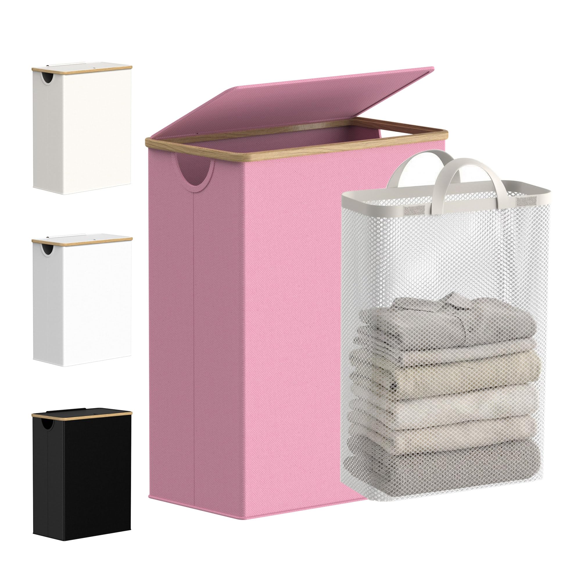 efluky Slim Laundry Basket with Lid, Narrow Laundry Hamper with Removable Bag, Skinny Dirty Clothes Basket with Bamboo Handles for Bathroom, Bedroom & Laundry Room, 65L Pink