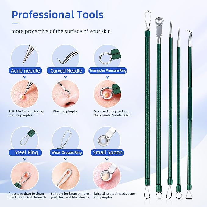 Pimple Popper Tool Kit, 7 Pcs Blackhead Remover Comedone Extractor, Green
