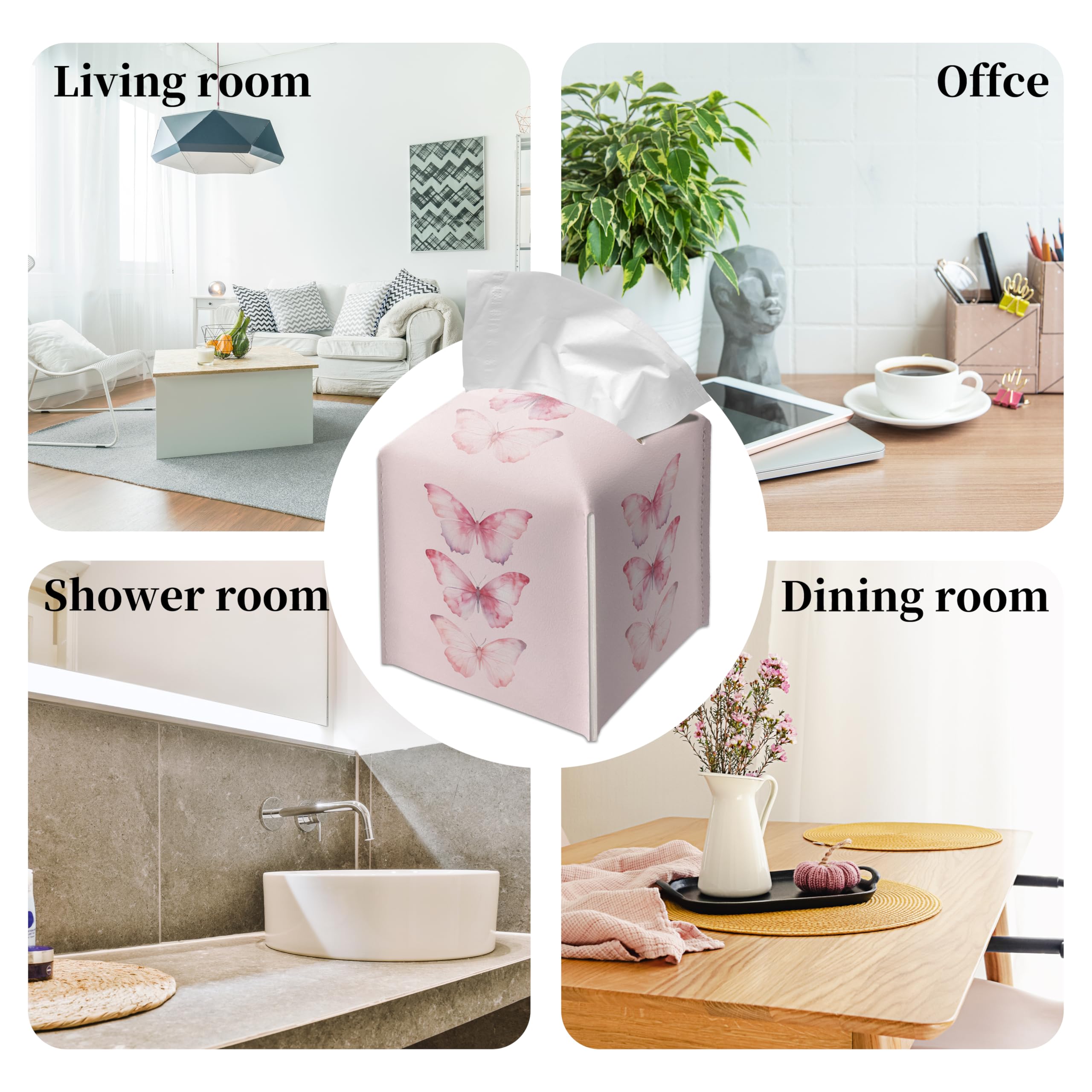 Grace Yonks Cute Pink Butterfly Tissue Box Cover Square, Cube Case for Facial Tissues, 5.2" PU Leather(075)