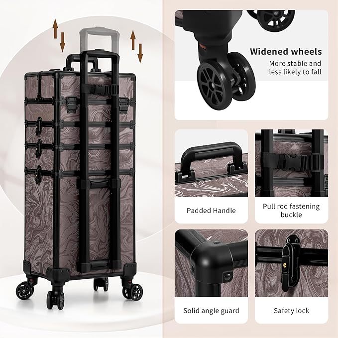 JINGUAN Professional Rolling Makeup Train Case with Lid, 5 in 1 Cosmetology Case on Wheels, Large Cosmetic Trolley Organizer Travel for Hairstylist Artist Nail Beauty Salon Barber, Brown Ink
