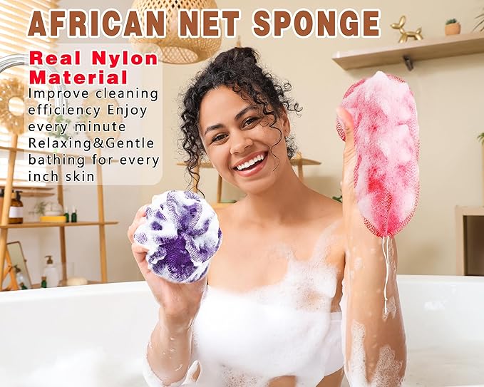 2 Pack African Net Sponge Exfoliating Body Scrubber Bath Sponge for Daily Use (Pink + Deep Purple)