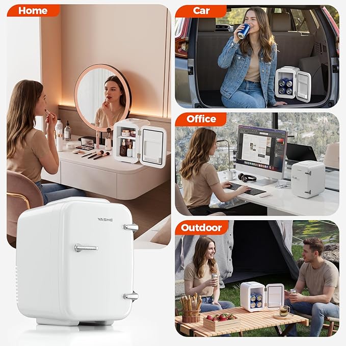 YASHE Mini Fridge, 4 Liter/6 Can Mini Makeup Fridge, 110V AC/ 12V DC Portable Thermoelectric Cooler&Warmer for Skincare, Drink, Cosmetic, Medicine, Small fridge for Bedroom, Office, Dorm, Car, White