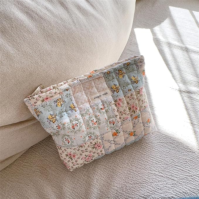 Sminra Quilted Floral Makeup Bag for Women, Cotton Cosmetic Pouch with Zipper, Slim Travel Toiletry Organizer for Makeup, Skincare and Daily Essentials Organizer (Blue Floral-L)