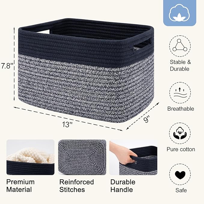SIXDOVE 4 Pack Storage Baskets for Organizing, Woven Baskets for Shelves - Perfect for Toys, Books, Towels, and Clothes, Durable Gift Basket Bins Toy Storage, 12.7''L x9''W x7.8''H, Blue and Grey