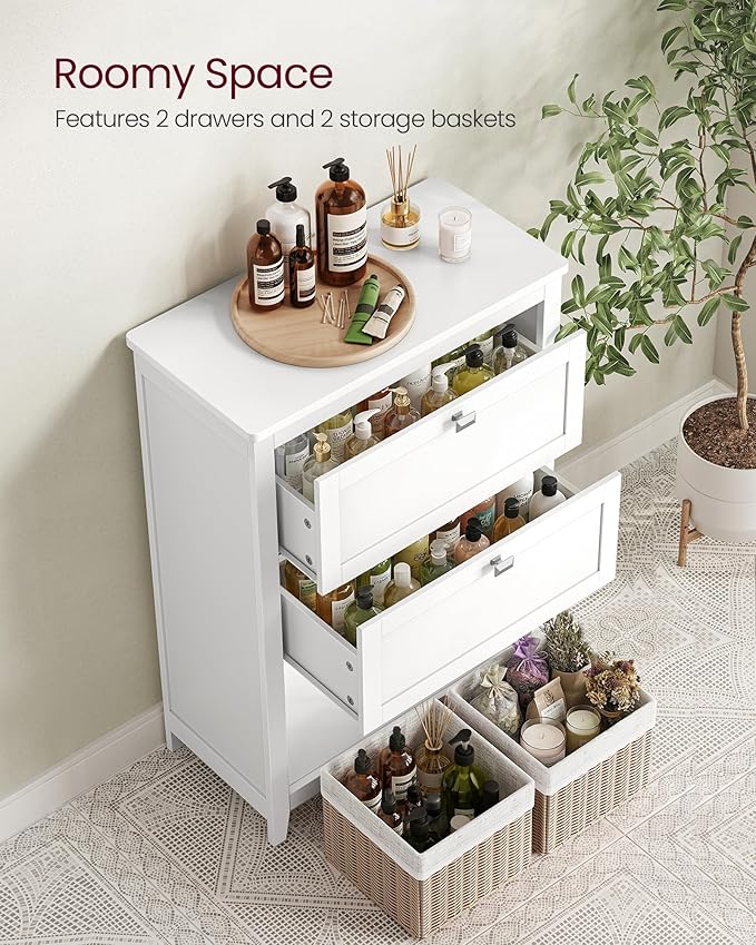 VASAGLE Storage Cabinet, Freestanding Floor Cabinet, 2 Drawers with 1 Set of Adjustable Divider, 2 Baskets, Sideboard, 11.8 x 23.6 x 31.5 Inches, for Bathroom, Living Room, Cloud White UBBC545W02