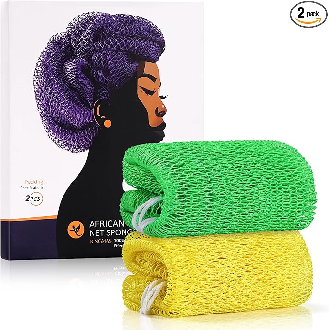 KINGMAS African Net Sponge, Authentic Nylon with Knots, 2 Pieces Exfoliating Body Scrubber Bath Sponge, Back Scrubber Washcloth for Shower, Body Care Bathing (Yellow & Green)