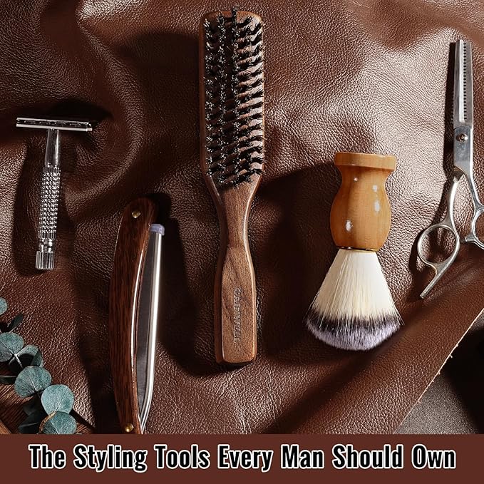 GAINWELL Mens Wild Boar Bristle Hair Brush for Men, Slick Back Hair Brush with Stiff Bristles for Thick & Thin Hair, Beard Brush Natural Black Walnut Wooden Handle Hairbrush