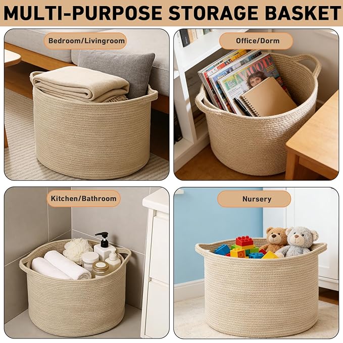 115L Large Blanket Basket,23.6" L x 23.6" W x 15.7" H Rope Woven Baskets with Handles, Toys Storage Bins,Laundry Basket Perfect for Living Room, Nursery,Bedroom,Home Organization,Camel