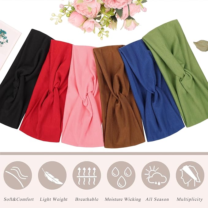 XTREND 6 Pcs Headbands for Women, Twisted Cross Elastic Head Bands Yoga Workout Non-Slip Sweat Soft Solid Color Simple Versatile Hair Accessory Hairbands