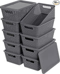 Anywish Plastic Storage Baskets With Lid, Storage Bins for Organizing, Stackable Decorative Containers for Shelves Drawers Desktop Closet Playroom Classroom Office,10 Pack-Grey