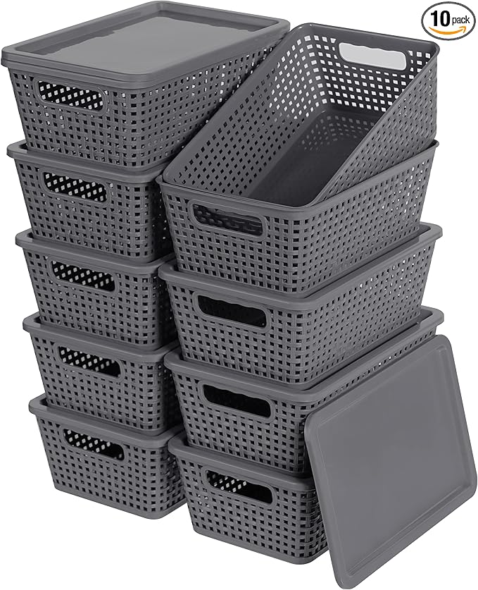 Anywish Plastic Storage Baskets With Lid, Storage Bins for Organizing, Stackable Decorative Containers for Shelves Drawers Desktop Closet Playroom Classroom Office,10 Pack-Grey