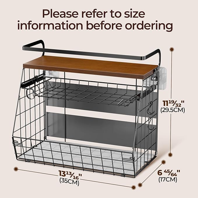 Delamu Magnetic Shelf for Fridge with Wood Lid, 3 Tier Pull Out Fruit Basket, Magnetic Spice Rack Organizer for Refrigerator, Cabinet, Kitchen Counter, Laundry (2 Pack)