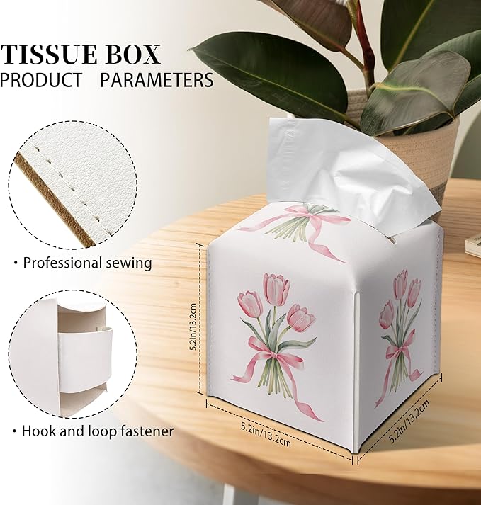 Grace Yonks Cute Tissue Box Cover Square - Pink Tulip Bouquet & Ribbon Design 5.2" PU Leather Holder for Vanity, Desk, or Bathroom Counter - Cube Case for Facial Tissues(010)