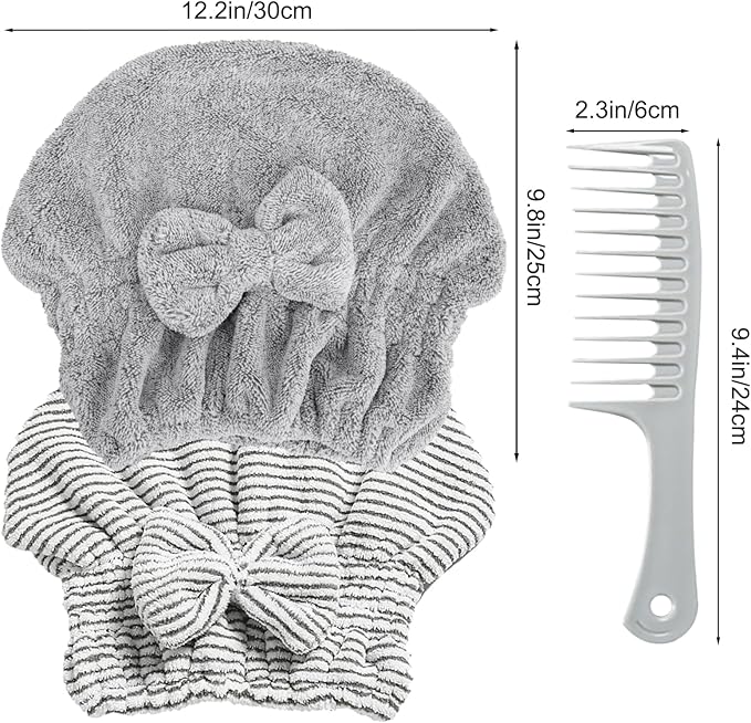 HMIEPRS 2 Pack Microfiber Hair Towel Cap, Quick Drying Cap Soft Absorbent Towel and 2 Combs for Curly Long Thick Dry or Wet Hair (Stripe and Gray)