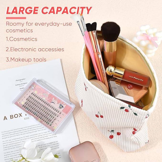 Ksriylm Cute Makeup Pouch for Women Cherries Small Make Up Bag for Purse Zipper Makeup Cosmetic Bags Pouches for Purse Aesthetic Travel Toiletrybags,Red Cherry Cute