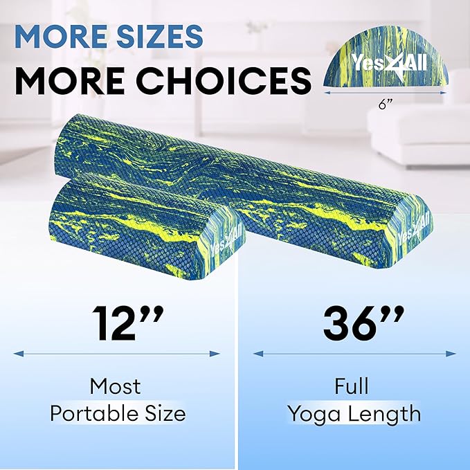 Yes4All EVA Firm Foam Roller for Stretching, Half Yoga Back Roller for Muscle Massage for Pilates, Yoga, Balance & Core Exercises, 36 inches, Blue Green