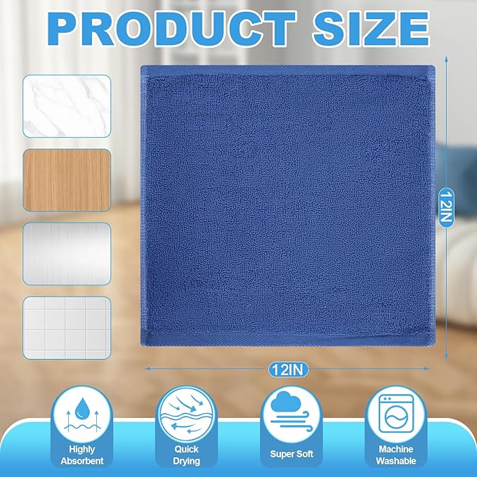 12 Pack 100% Cotton Wash Cloth, 12x12 Inch Highly Absorbent and Soft Feel Fingertip Towels, Machine Washable Washcloths for Bathroom, Gym, Hotel, Spa and Kitchen, Blue