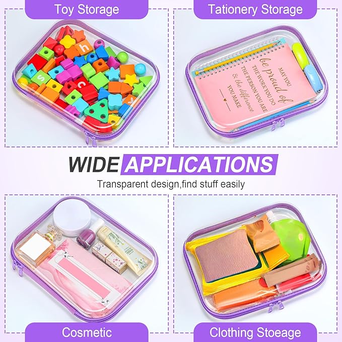 Sanwuta 6 Pcs Clear Hard Zipper Case Plastic Zipper Pouches Transparent Makeup Bag Pencil Case Pouches Toiletry Diaper Bag for Travel Toy Storage Organizer Bins(Purple,9.84 x 7.87 x 2 Inch)