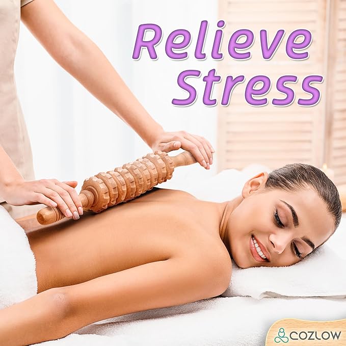 COZLOW Wooden Massage Roller Stick (9 Rollers) - Curved Wood Therapy Massage Tool for Body Sculpting, Fascia Release & Lymphatic Drainage - Maderotherapy Helps Reduce Cellulite Appearance