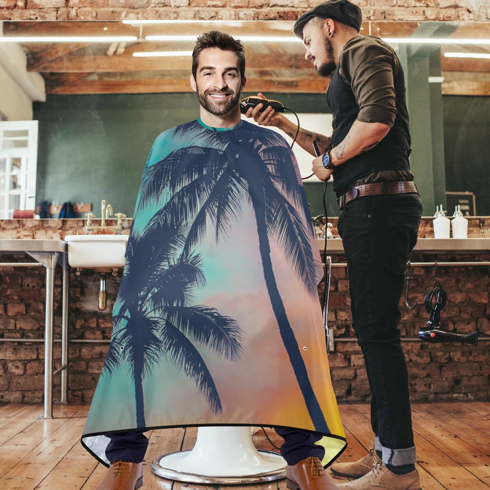 visesunny Barber Cape Retro Filtered Hawaii Palm Tree Polyester Hair Cutting Salon Cape Apron Anti-Static Haircut Water-Resistant Shaving Cloth Beard Shaving Bib Hairdressing Cape
