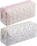 HHQQWZ Cute Floral Cotton Makeup Brush Cosmetic Bag for Women, Travel Quilted Zipper Make Up Bag, Flowers Toiletry Organizer Case Kawaii Makeup Cosmetic Travel Cloth Pouch (Pink+Purple Floral)