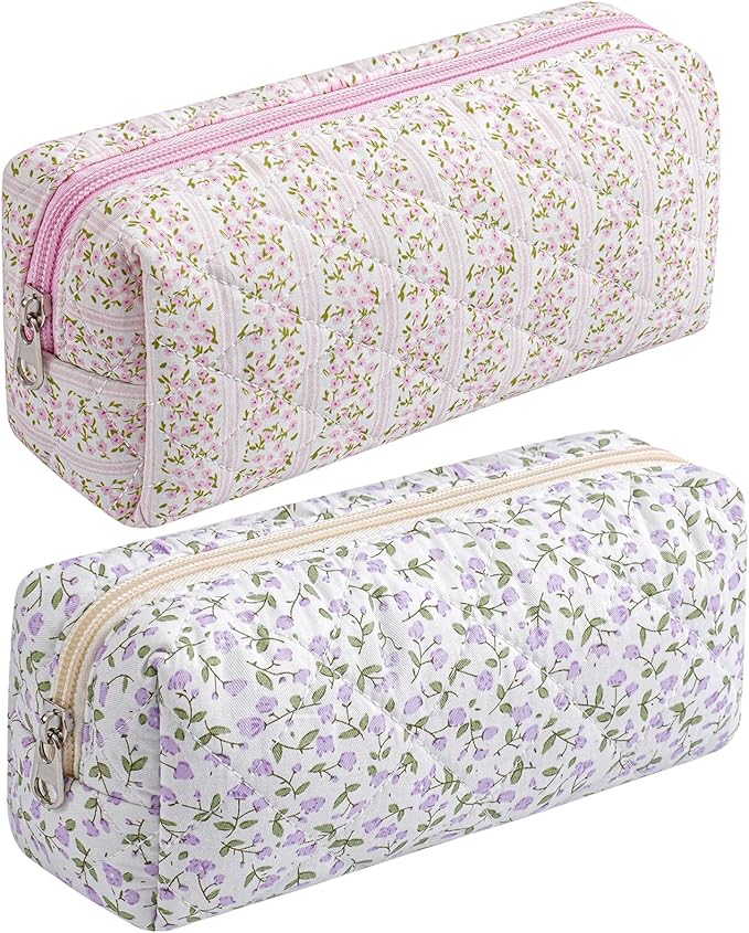 HHQQWZ Cute Floral Cotton Makeup Brush Cosmetic Bag for Women, Travel Quilted Zipper Make Up Bag, Flowers Toiletry Organizer Case Kawaii Makeup Cosmetic Travel Cloth Pouch (Pink+Purple Floral)