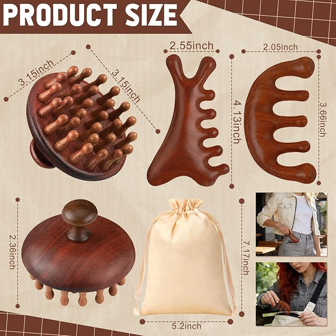 ProSuites 3 Pcs Wooden Head Scalp Massager Comb, Head Massage Tool for Relaxation Hair Gua Sha Comb