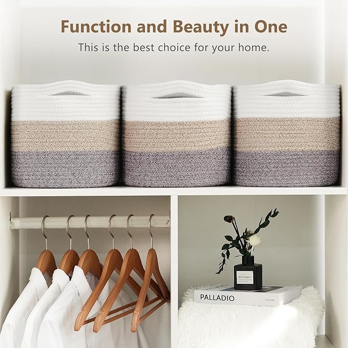 Cotton Rope Storage Basket, 15x10x9 Inches, Woven Basket for Shelves, Clothes, Towels, Books, and Laundry, White Brown (2 Pack)