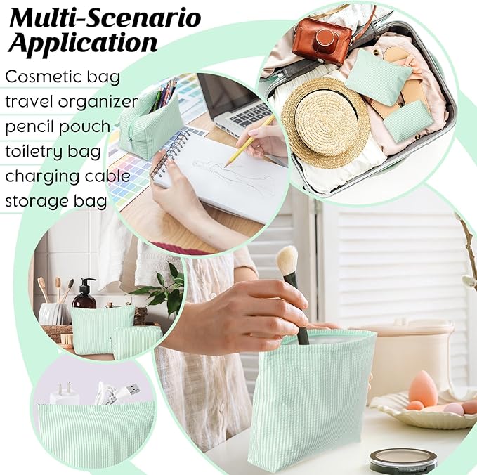 2 Pcs Makeup Bag Set Cute Cosmetic Pouch for Women Seersucker Travel Toiletry Bag Preppy Small Makeup Purse Pouch Aesthetic Skincare Brushes Storage Organizer for Valentine Women(Green)