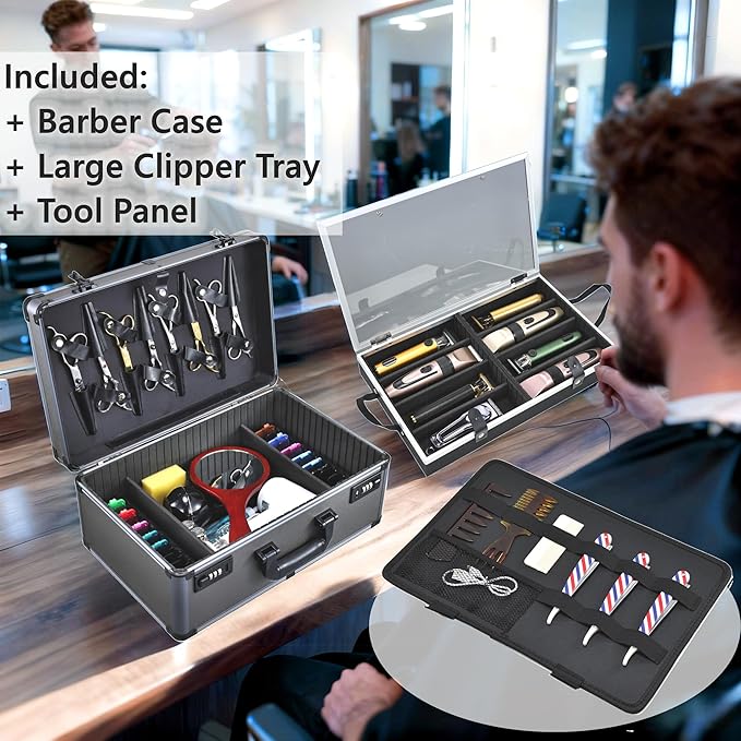 Yueieoun Professional Barber Case - Portable Barber Tool Case Hair Clipper Organizer with Combo Locks, Detachable Trays for Clippers, Shears, Razors, Trimmers - Secure Storage for Barbershop or Travel