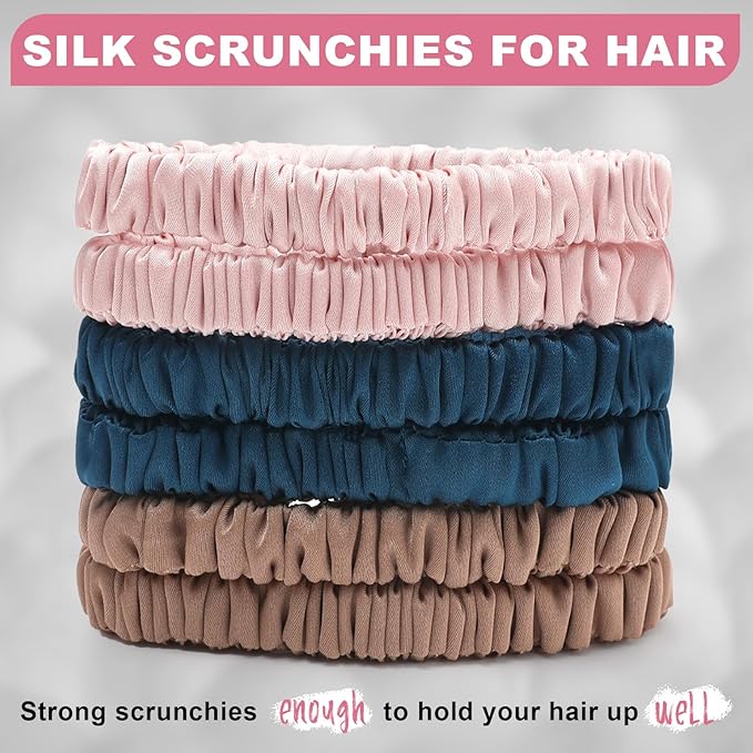 6Pcs Silk Hair Ties Small 22 Momme 100% Pure Mulberry Silk Scrunchies for Women Girls Thin Skinny Hair Sleep Scrunchies No Damage(Color 06)