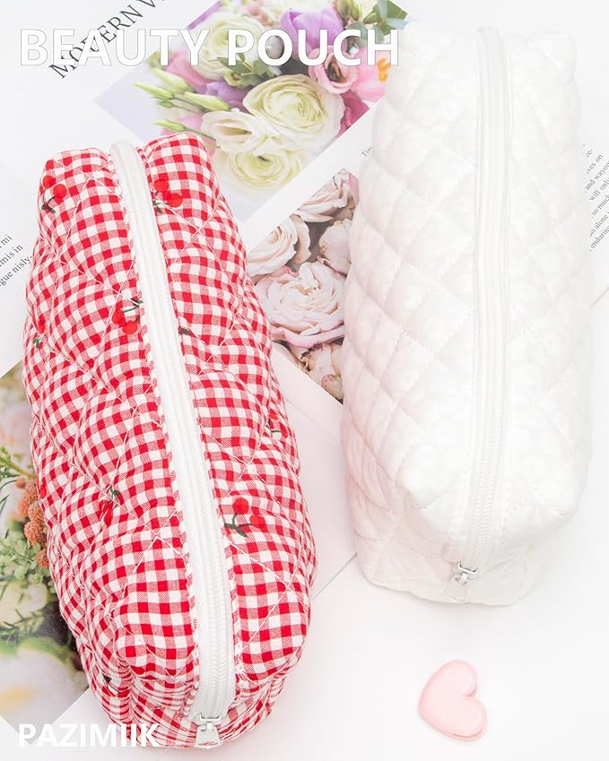 PAZIMIIK Small Quilted Makeup Bag,Zipper Cosmetic Pouch,White Floral