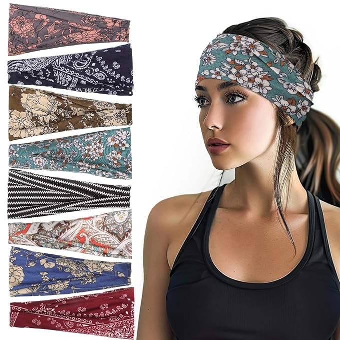 obeoby Boho Style Headbands for Women, 8 Pack Non Slip Headbands Fashion Hippie Clothes Outfit Gift Wide Hairband Hair Wrap